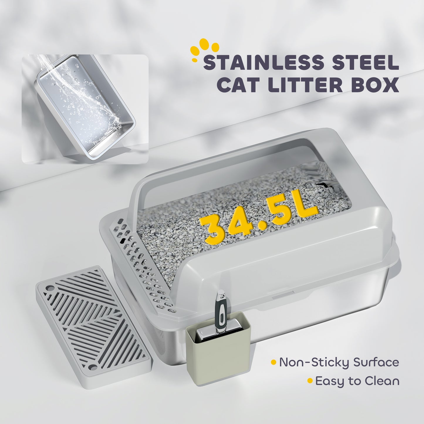 PawHut Stainless Steel Litter Box with Metal Scoop & Scoop Holder, High Sided, Anti-Urine Leakage, Non-Sticky