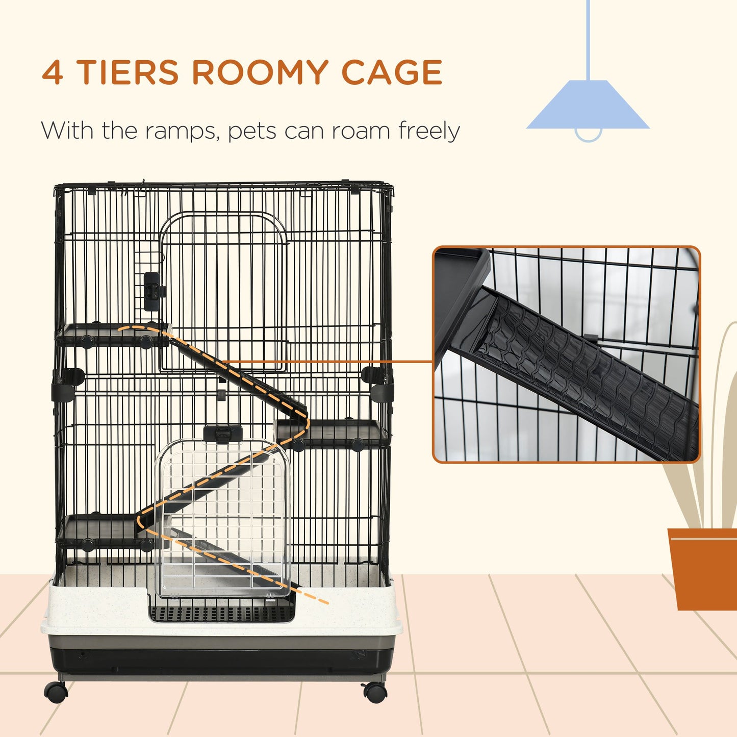 PawHut 32"L 4-Level Small Animal Cage Rabbit Hutch with Universal Lockable Wheels, Slide-out Tray for Bunny, Chinchillas, Ferret, Black