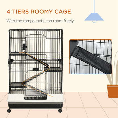 PawHut 32"L 4-Level Small Animal Cage Rabbit Hutch with Universal Lockable Wheels, Slide-out Tray for Bunny, Chinchillas, Ferret, Black