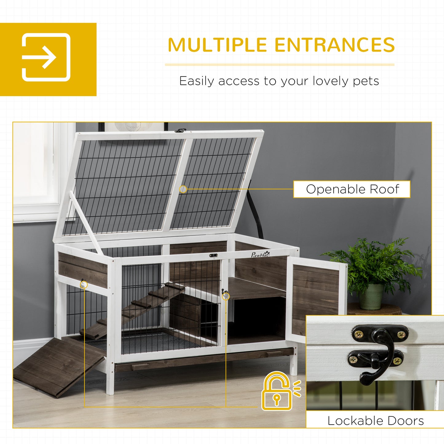 PawHut Wood Rabbit Hutch, Elevated Guinea Pig Cage with Run, Coffee