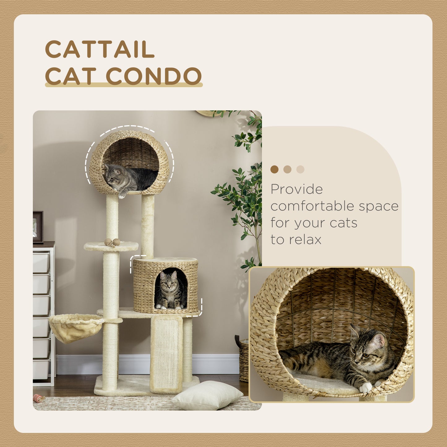 PawHut 59 Inch Cat Tree for Indoor Cats with Cat Condo, Hammock, Beige