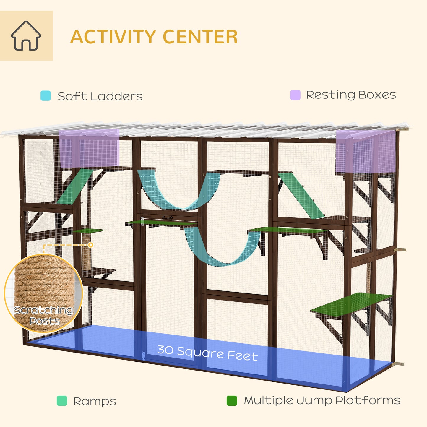 PawHut Catio Playground Cat Window Box Outside Enclosure for Multiple Cats w/ Shelves & Bridges, Coffee Brown