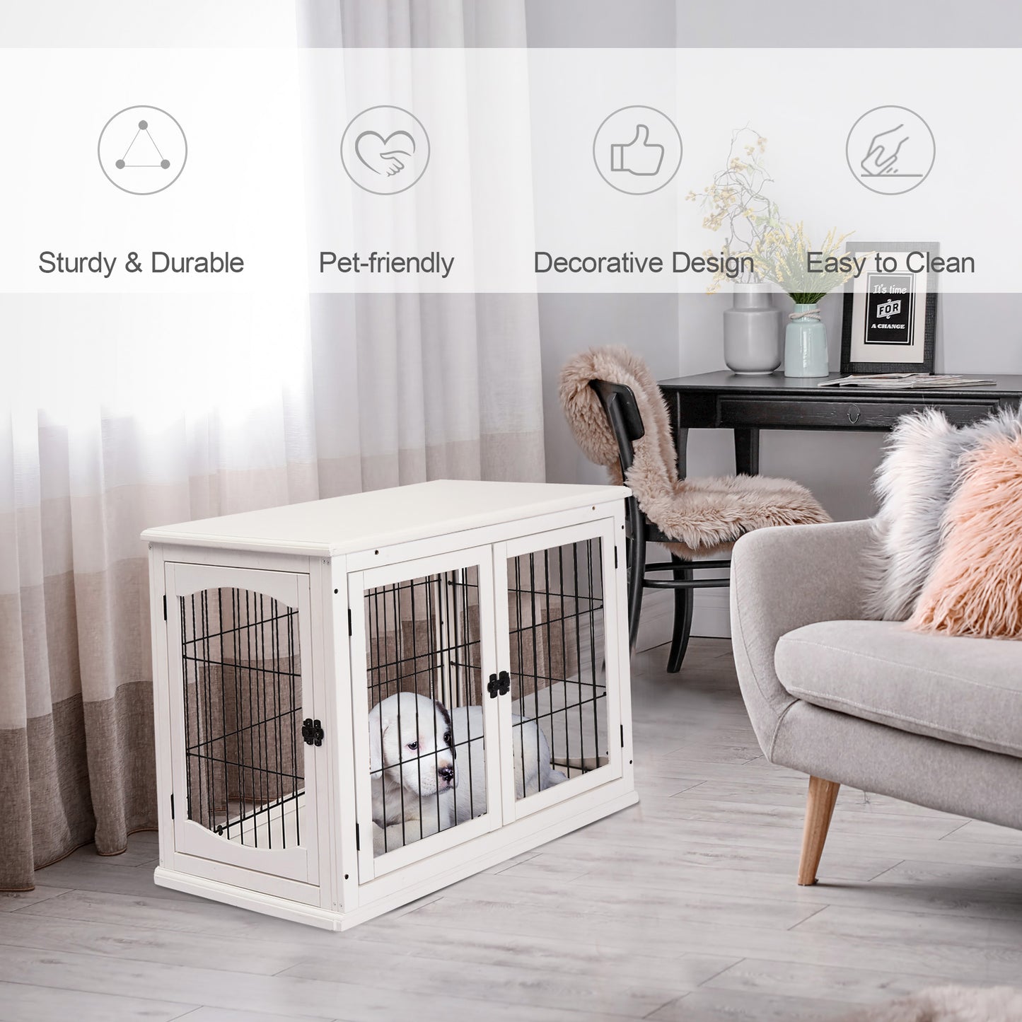 PawHut Dog Crate Furniture, 32" Small Dog Cage End Table with 2 Doors, Lockable Door, Puppy Kennel Indoor, White