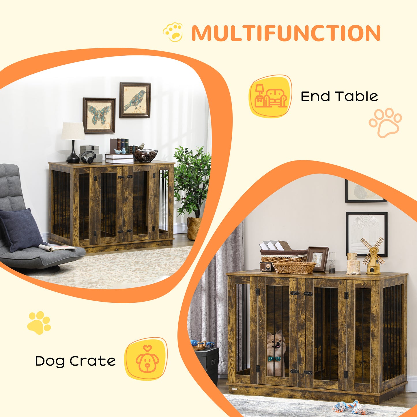 PawHut Furniture Style Dog Crate with Removable Divider, Dog Crate Side End Table Indoor with Double Doors, for Small to Large Dogs, 47" x 23.5" x 35", Rustic Brown