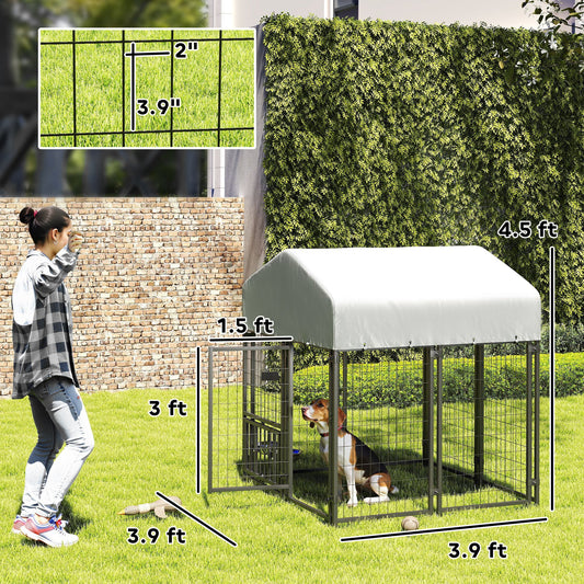 PawHut Welded Wire Outdoor Dog Kennel with 360° Rotating & 4 Levels Adjustable Bowls, Waterproof Cover, 3.9' x 3.9' x 4.5'