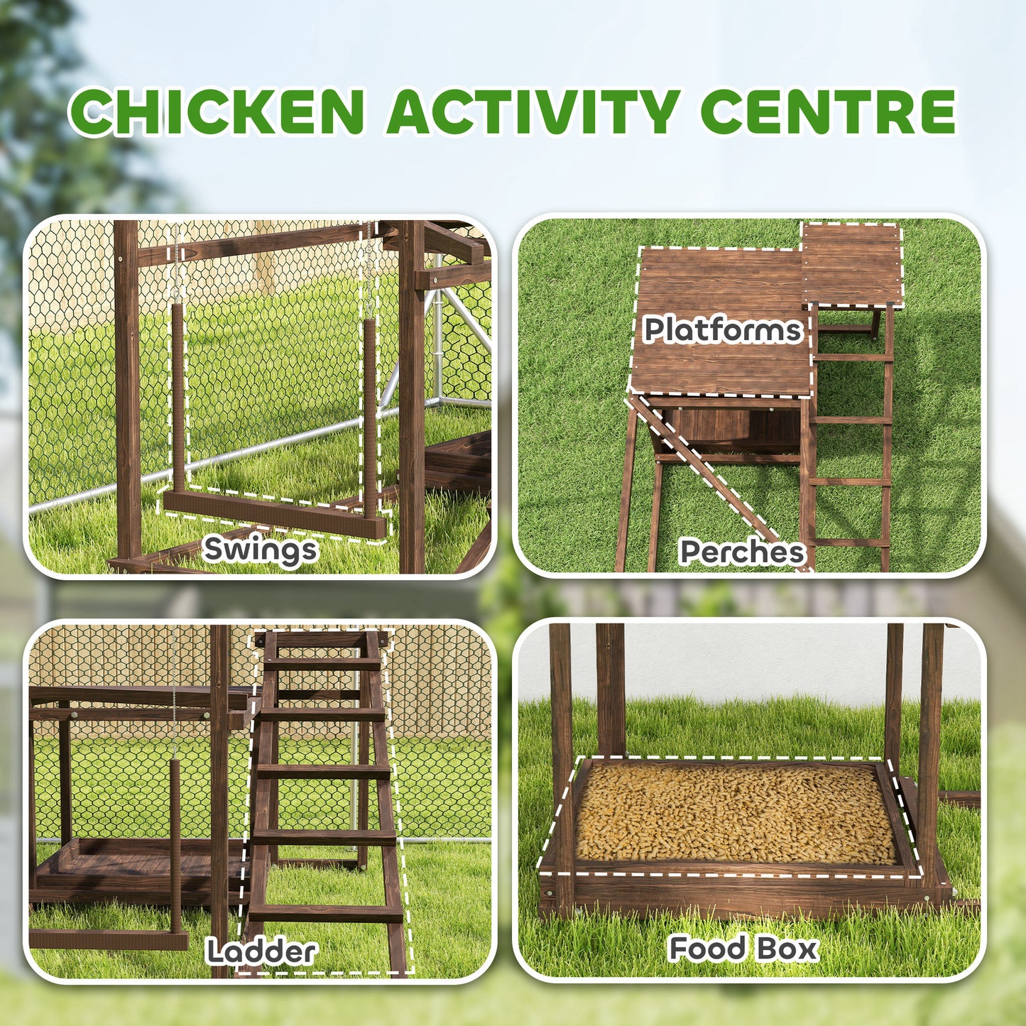 PawHut Wooden Chicken Activity Play Set with Perch, Swing, Ladder, Platforms, Feeder Storage, Coffee