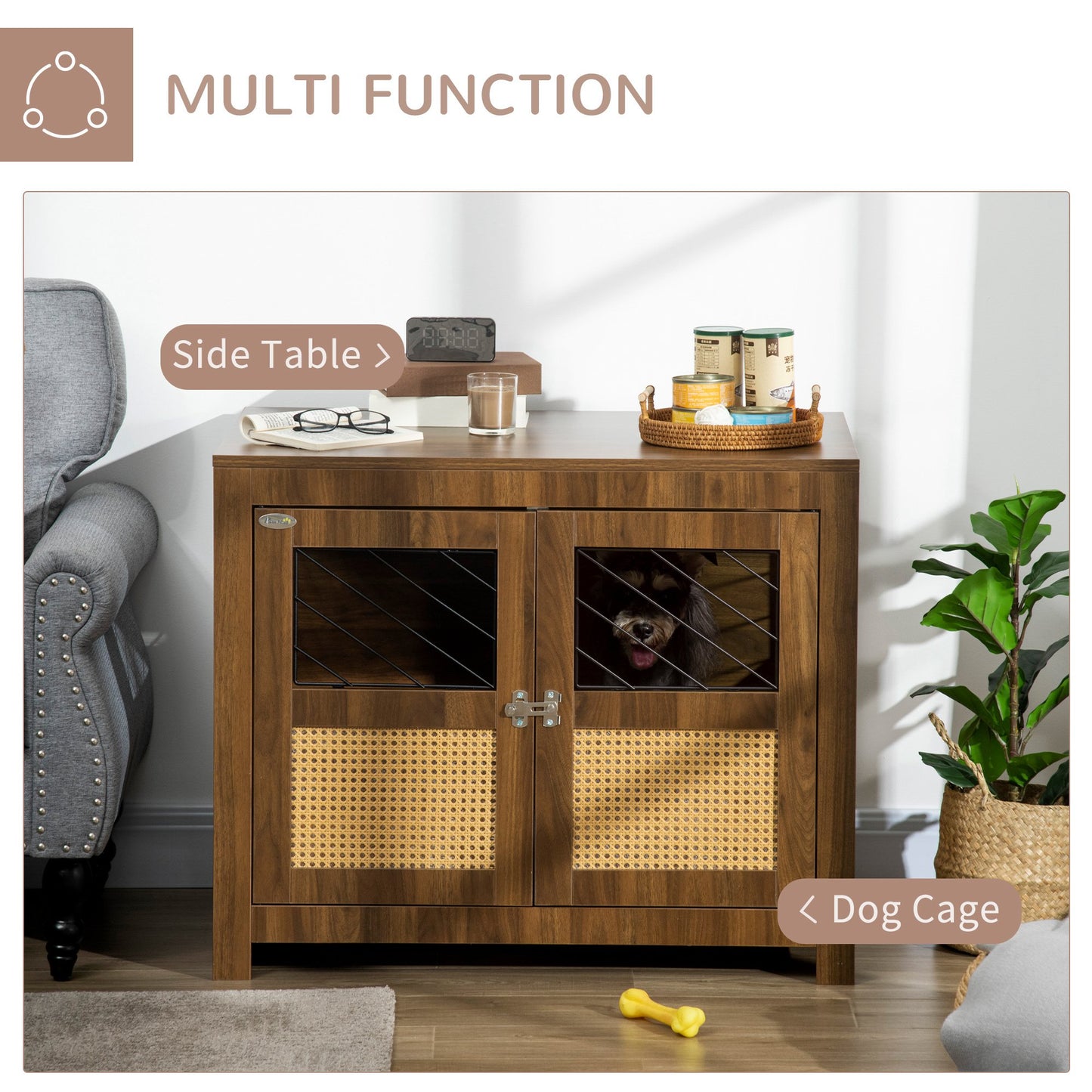 PawHut Dog Crate Furniture with Soft Cushion, Dog Crate End Table with Rattan Decoration, Small to Medium Sized Dog Kennel Furniture Indoors with Large Entrance, Walnut