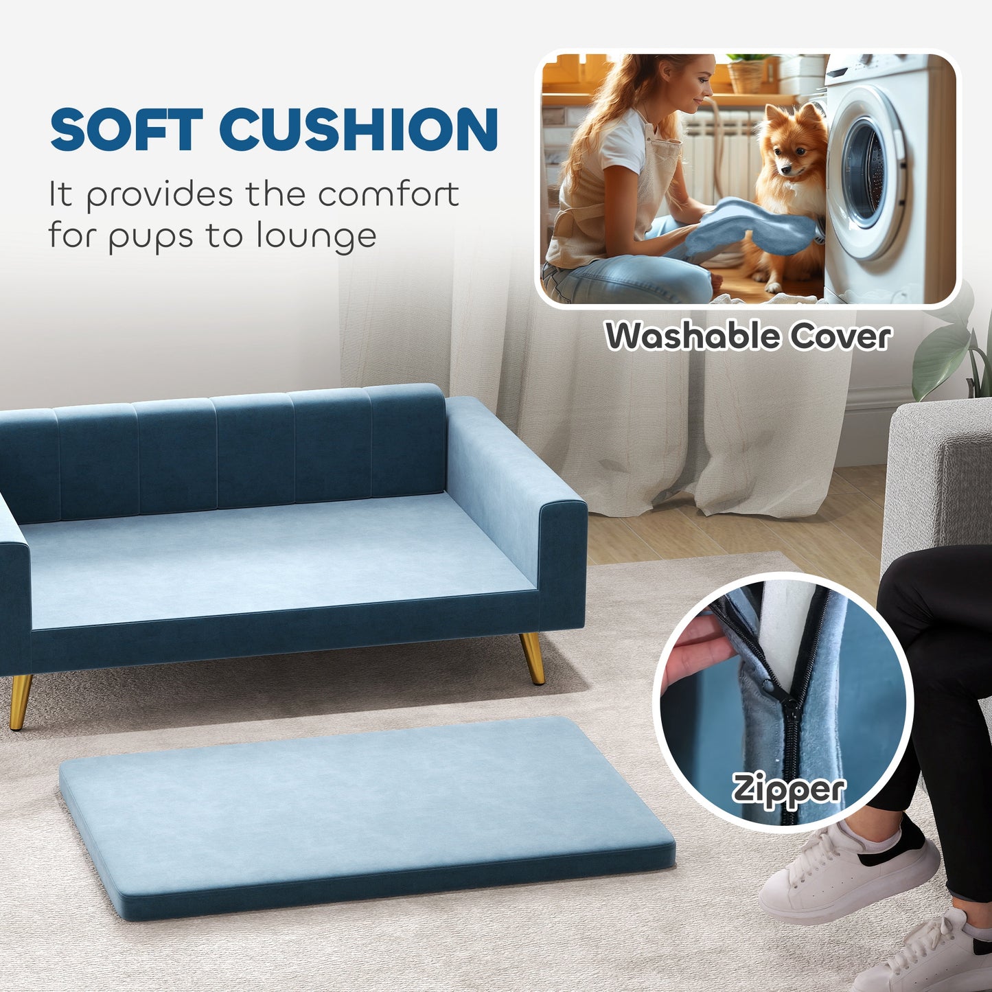 PawHut Modern Pet Bed, Cat or Dog Sofa, Velvety Dog Couch for Small to Medium Dogs, Dark Blue