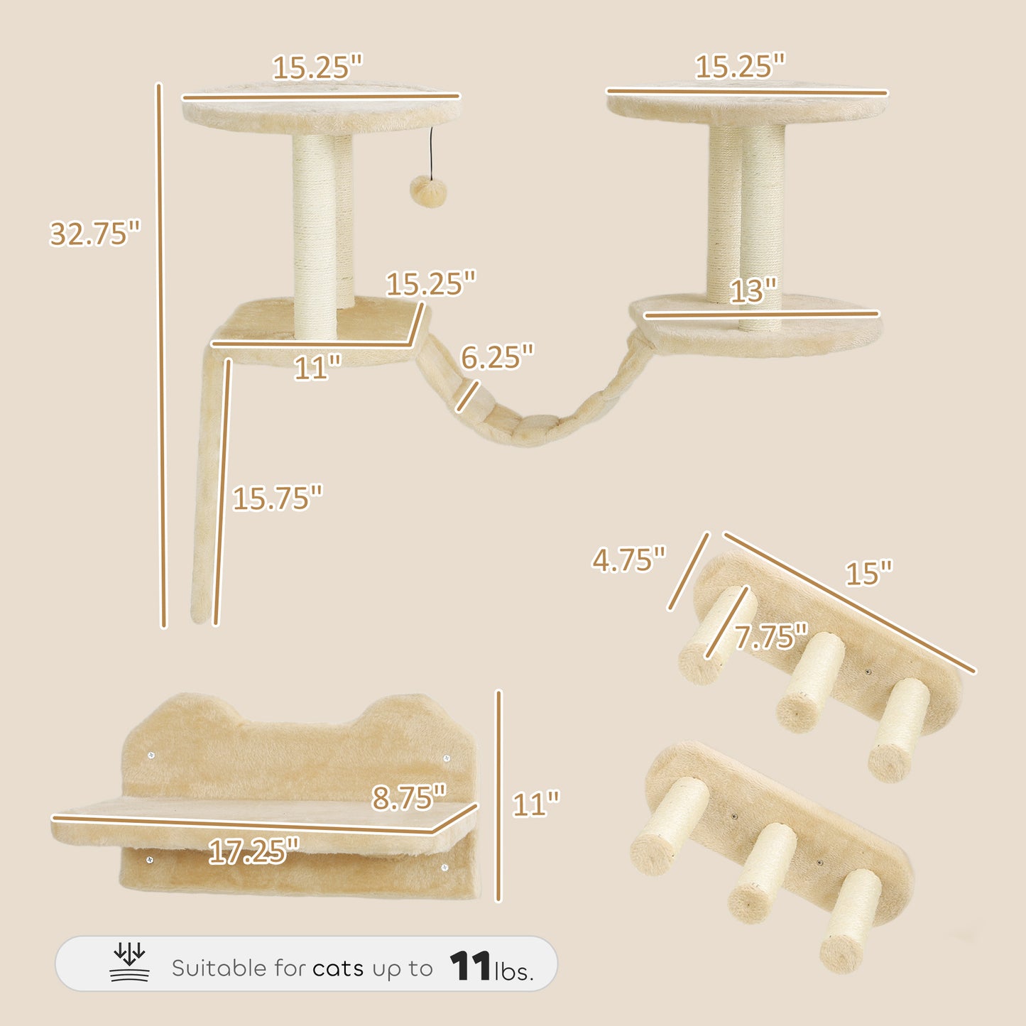 PawHut 3pc Cat Wall Shelves w/ Scratching Post, Perches, Ladder, Steps & Scratching Board, Beige