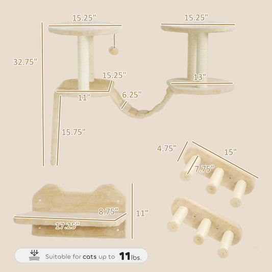 PawHut 3pc Cat Wall Shelves w/ Scratching Post, Perches, Ladder, Steps & Scratching Board, Beige