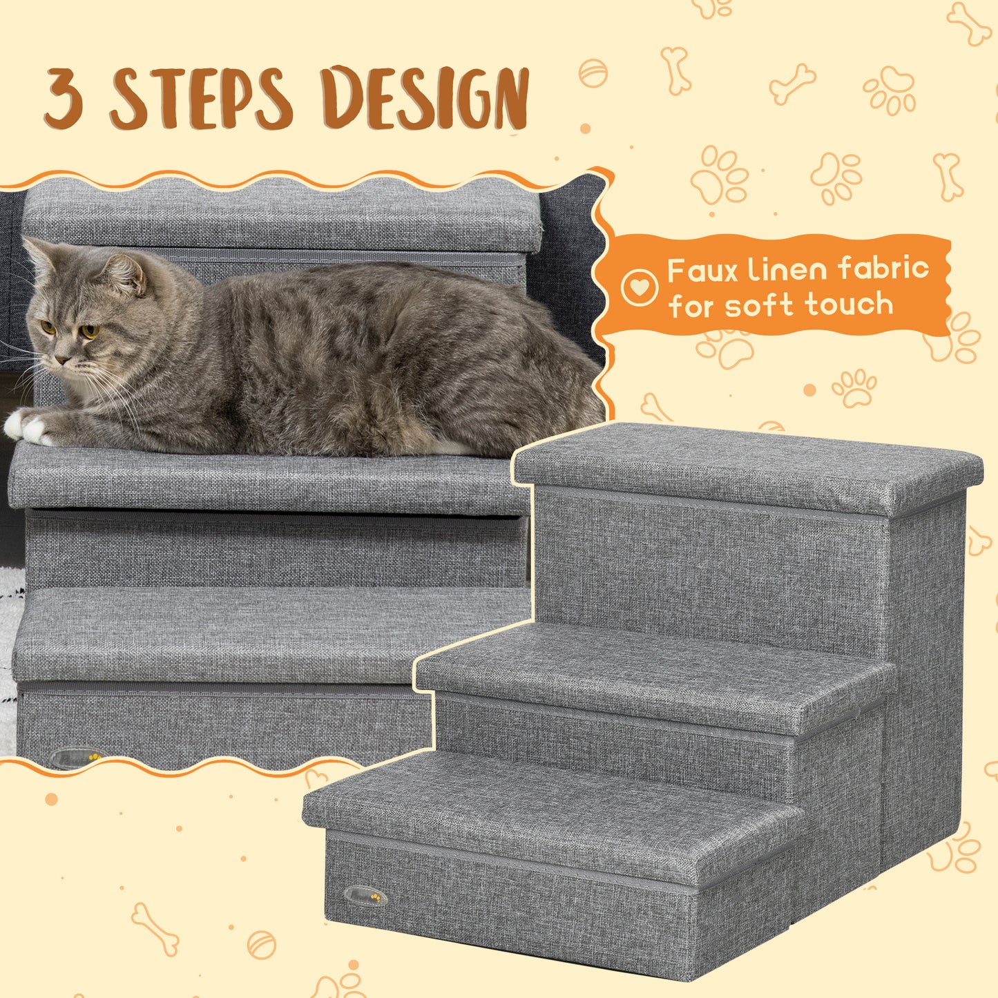 PawHut 3-Step Pet Stairs with Storage, Dog Steps for Couch, Bed, Gray
