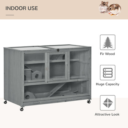 PawHut Wooden 3-Tier Hamster Cage Hutch Box with Ladder Wheels for Small Animals, Dark Gray