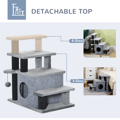 PawHut Adjustable Height 3 Step/4 Step Cat Stairs with Cat Scratching Post, Cat Condo, Toy Ball, for Bed, Sofa, Couch, Gray