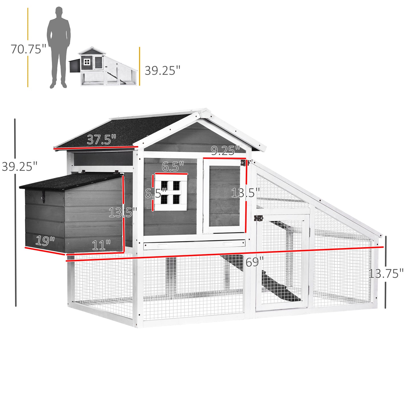 PawHut 69" Chicken Coop Wooden Backyard Poultry Hen Cage, Rabbit Hutch Pen, with Run w/ Nesting Box, Removable Tray for Easy Cleaning, Asphalt Roof, and Safe Lockable Door