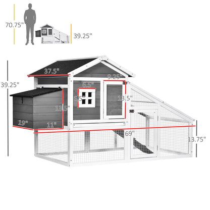 PawHut 69" Chicken Coop Wooden Backyard Poultry Hen Cage, Rabbit Hutch Pen, with Run w/ Nesting Box, Removable Tray for Easy Cleaning, Asphalt Roof, and Safe Lockable Door