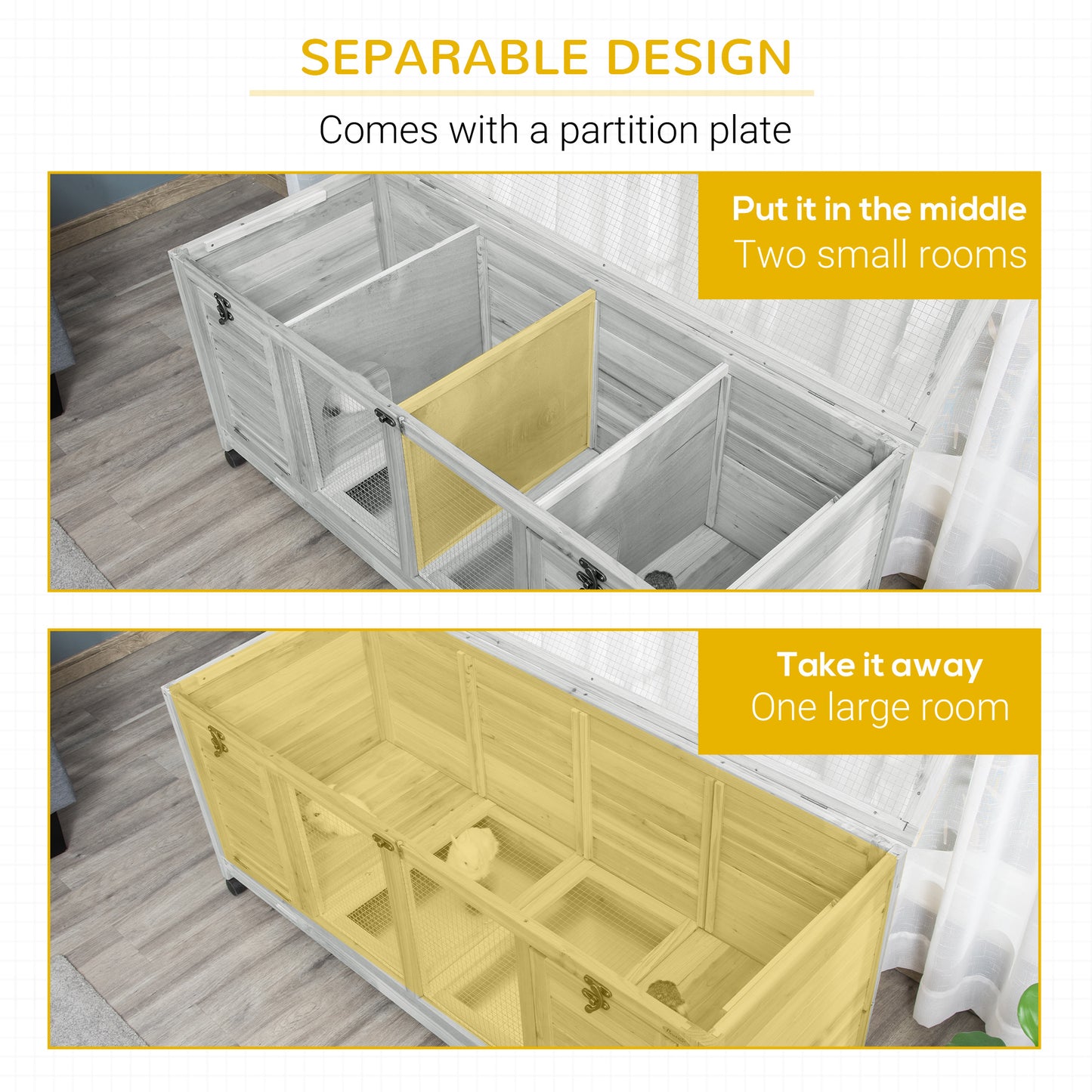 PawHut Wooden Rabbit Hutch with Wheels, Dividers for Indoor Use, Light Gray