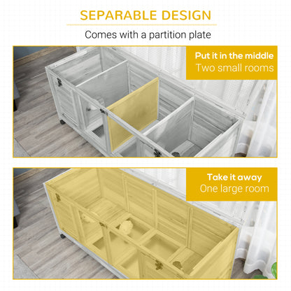 PawHut Wooden Rabbit Hutch with Wheels, Dividers for Indoor Use, Light Gray