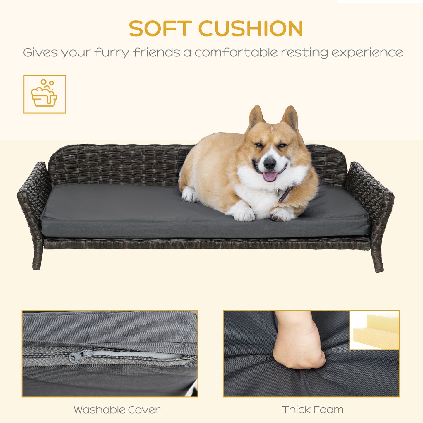 PawHut Elevated Rattan Dog Bed with Steel Frame, Handwoven Wicker Pet Bed with Water Resistant Cushion, Dog Bed Outdoor for Large Medium Dog, Charcoal Gray