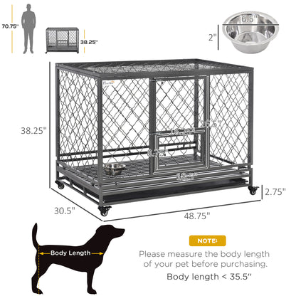 PawHut Heavy Duty Dog Crate, Metal Dog Cage Kennel with Lockable Wheels, Slide-Out Tray, Food Bowl and Double Doors, 49"