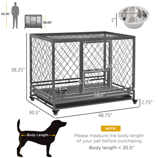 PawHut Heavy Duty Dog Crate, Metal Dog Cage Kennel with Lockable Wheels, Slide-Out Tray, Food Bowl and Double Doors, 49"