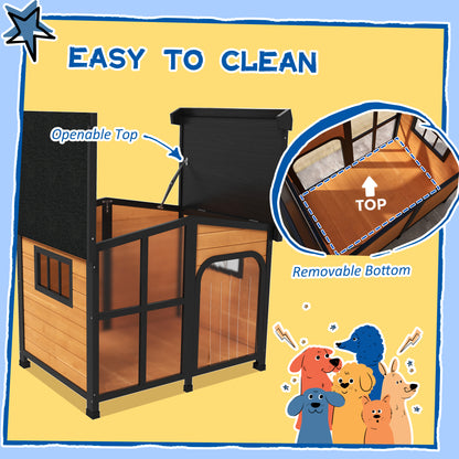 PawHut Cabin-Style Wooden Dog House for Large Dogs with Openable Roof & Giant Window, Yellow