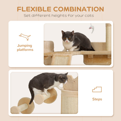 PawHut 4pc Corner Design Cat Wall Shelf with Scratching Post, Scratching Board, Perches, Cat Wands & Toy Ball, Beige
