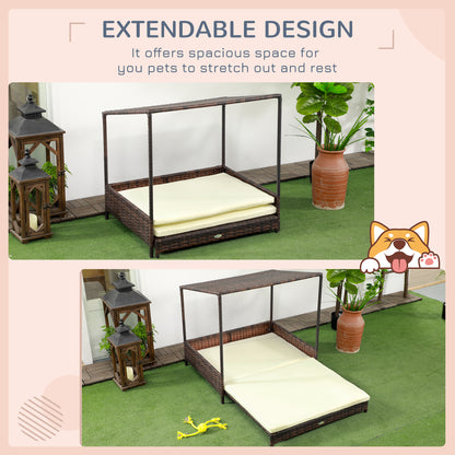 PawHut Outdoor Dog Bed, Extendable Wicker Dog Bed with Roof, Soft Cushion for Small and Medium Dogs, Mixed-Brown