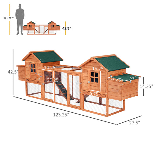PawHut 124" Dual Chicken Coop Wooden Large Chicken House Rabbit Hutch Hen Poultry Cage Backyard with Outdoor Ramps and Nesting Boxes
