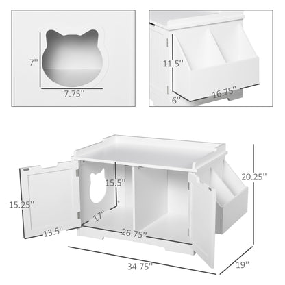 PawHut Wooden Cat Litter Box Enclosure, Hidden Cat Washroom, Kitten House with Nightstand End Table and Storage Rack Magnetic Doors, White