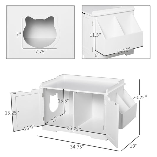 PawHut Wooden Cat Litter Box Enclosure, Hidden Cat Washroom, Kitten House with Nightstand End Table and Storage Rack Magnetic Doors, White