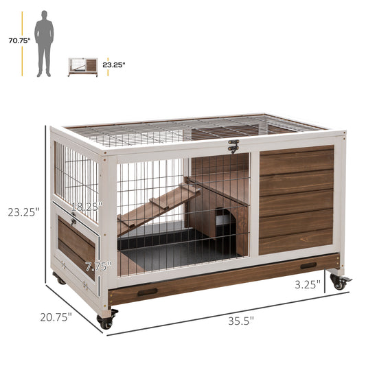PawHut Indoor Rabbit Enclosure, on Wheels, Indoor Bunny Cage Small Animal House with Pull Out Tray Casters Ramp, 35.5" x 21" x 23", Brown
