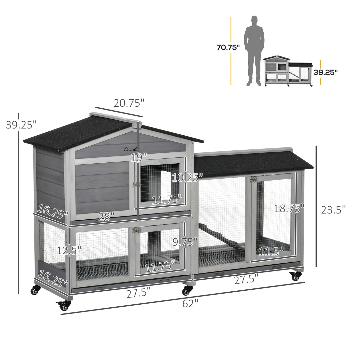 PawHut 62" Wooden Mobile Rabbit Hutch with Wheels, Run Box, Slide-out Tray, Ramp