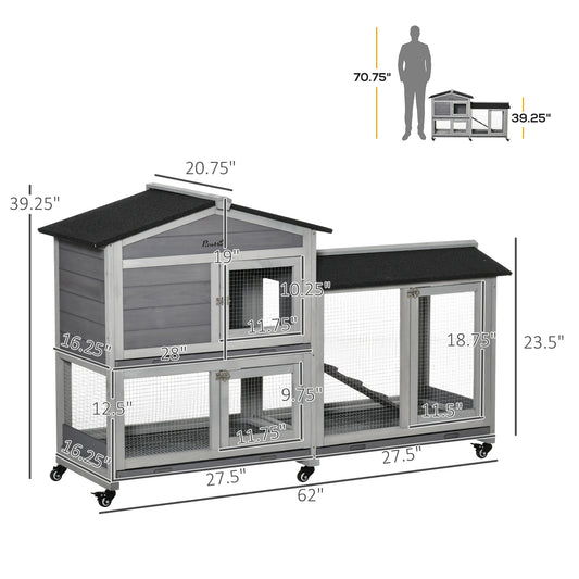 PawHut 62" Wooden Mobile Rabbit Hutch with Wheels, Run Box, Slide-out Tray, Ramp