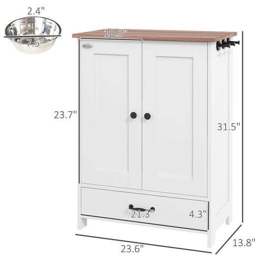 PawHut Pet Feeding Station, Dog Food Storage Cabinet w/ Raised Dog Bowls, Adjustable Panel, Hooks for Medium Dogs, White
