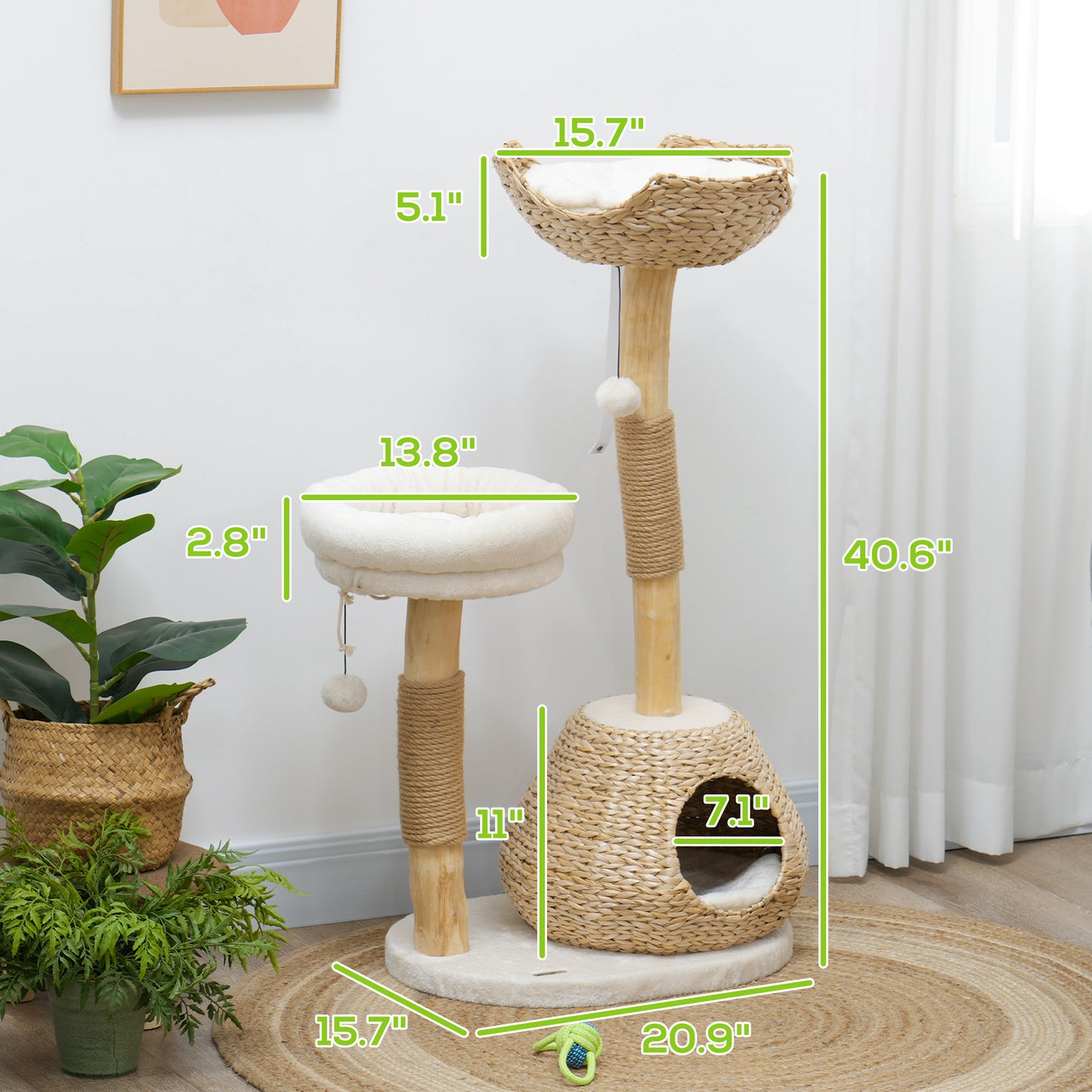 PawHut 41" Cat Tree for Indoor Cats with Wooden Cat Scratching Posts, Cat Condo, Cat Beds & Toy Balls, Cream White