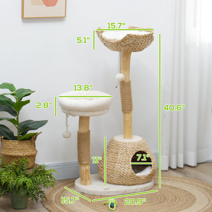 PawHut 41" Cat Tree for Indoor Cats with Wooden Cat Scratching Posts, Cat Condo, Cat Beds & Toy Balls, Cream White