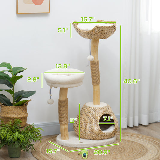 PawHut 41" Cat Tree for Indoor Cats with Wooden Cat Scratching Posts, Cat Condo, Cat Beds & Toy Balls, Cream White