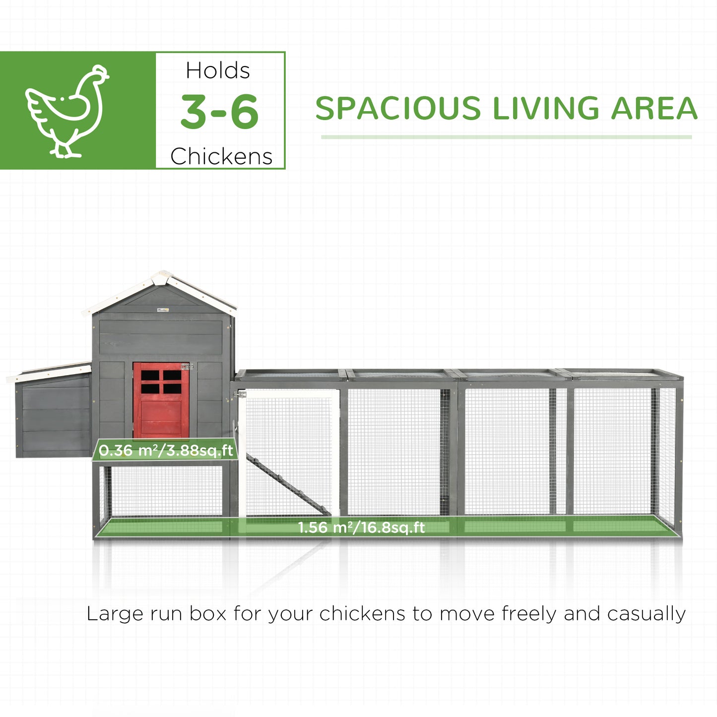 PawHut 118" Extra Large Chicken Coop with Asphalt Roof, Wooden Hen Run with Slide-Out Tray and Nesting Box, Chicken Hutch for 3-6 Chickens, Gray