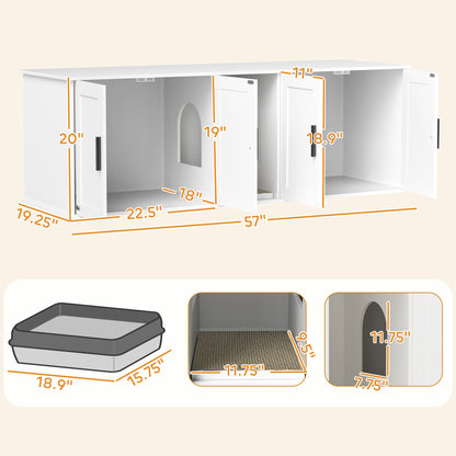 PawHut Double Cat Litter Box Enclosure w/ Scratching Mat – White (57")