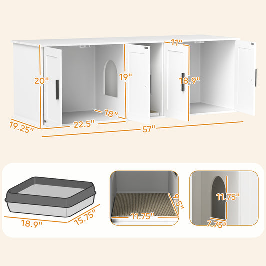 PawHut Double Cat Litter Box Enclosure w/ Scratching Mat – White (57")