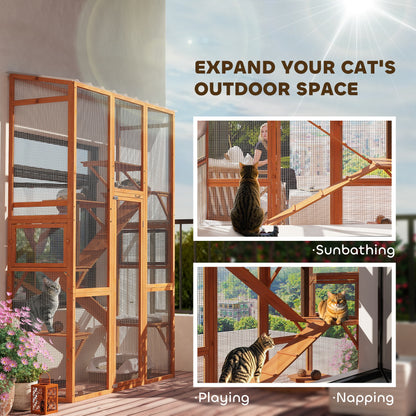 PawHut Outdoor Catio Cat Enclosure, Large Wooden Cat House with 6 Jumping Platforms, Scratching Post, 2 Ramps, for 2-3 Kittens