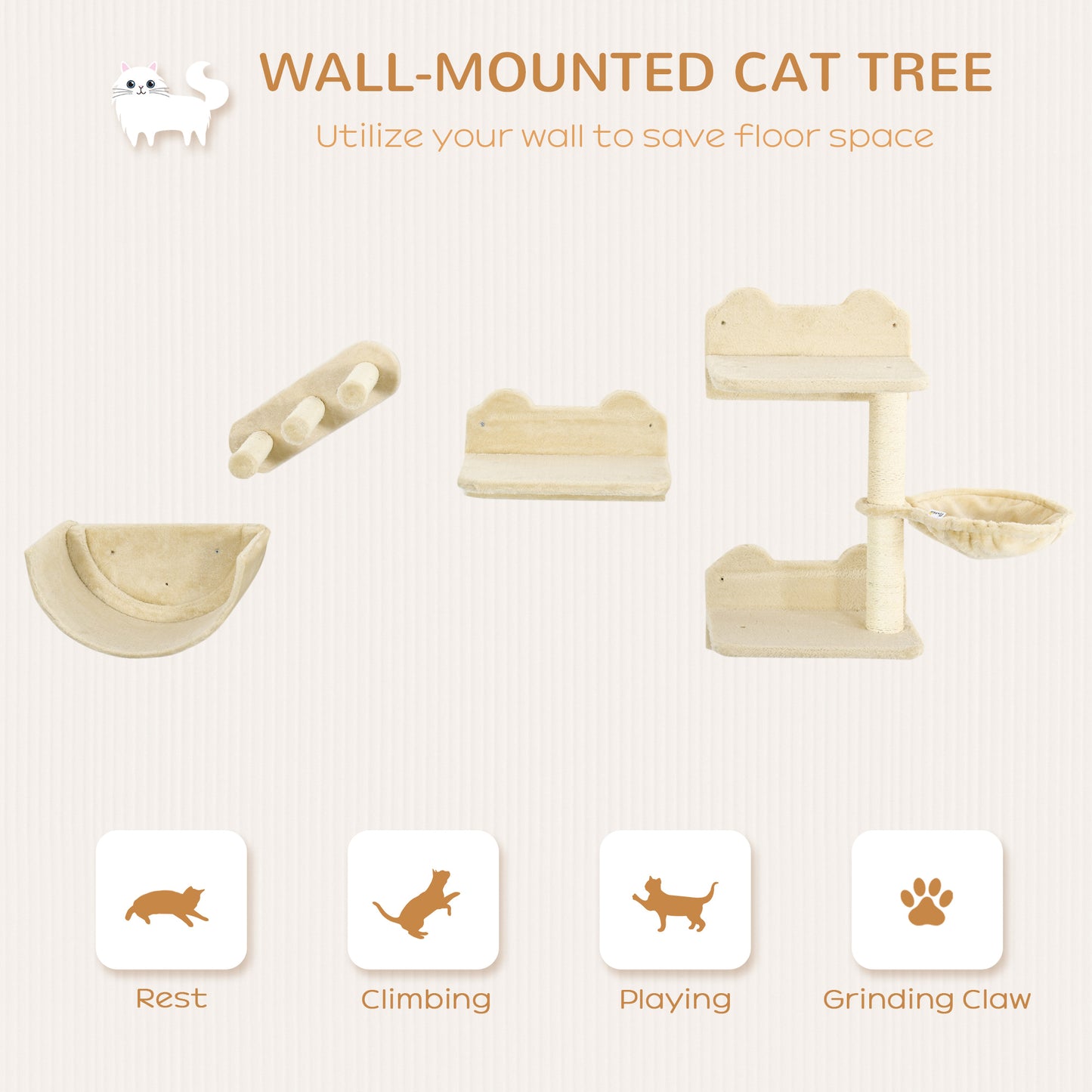PawHut Cat Wall Shelves, with Hammock, Scratching Post, Steps, Platforms, Beige