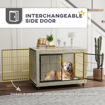PawHut 39" Dog Crate Furniture End Side Table with Wheels, Interchangeable Side Door, for Large Dogs, Gray