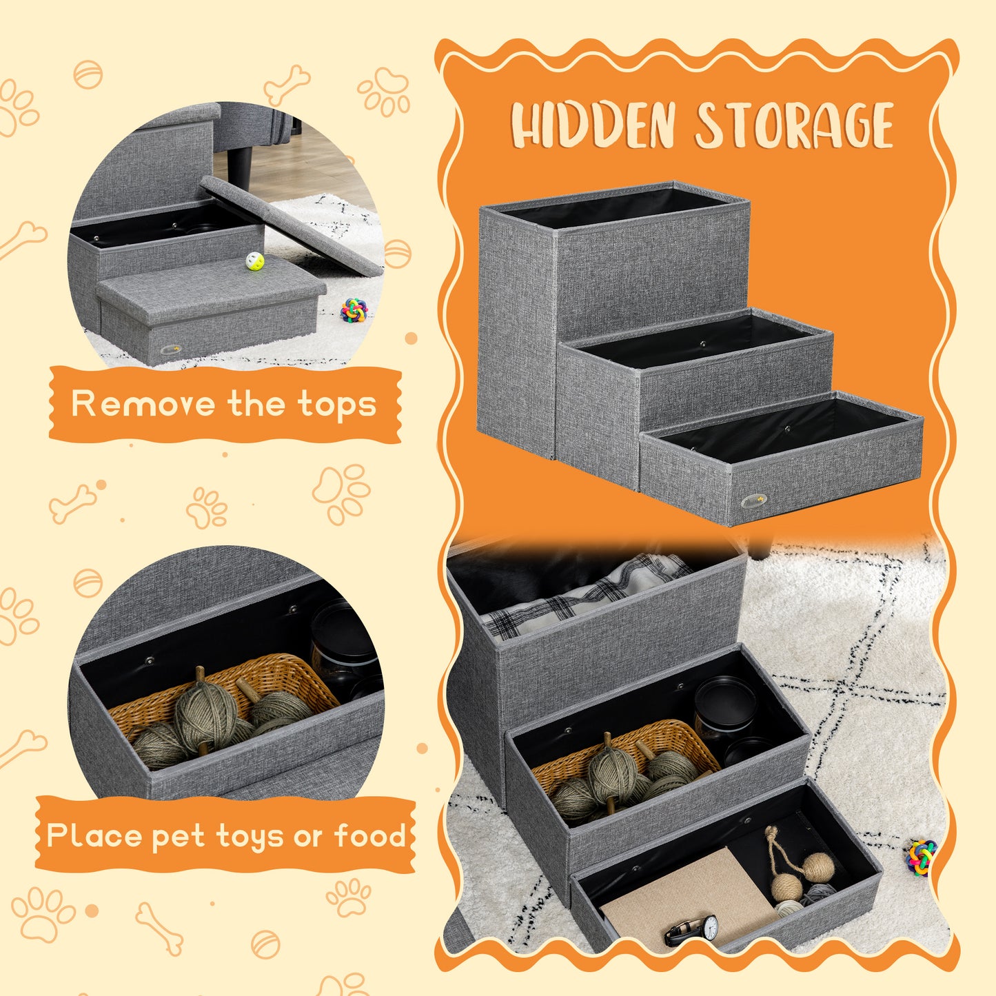PawHut 3-Step Pet Stairs with Storage, Dog Steps for Couch, Bed, Gray