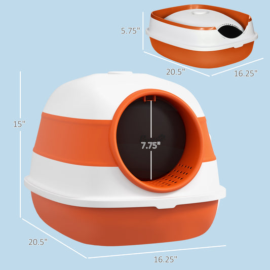 PawHut Dome Covered Cat Litter Box with Lid, White and Orange