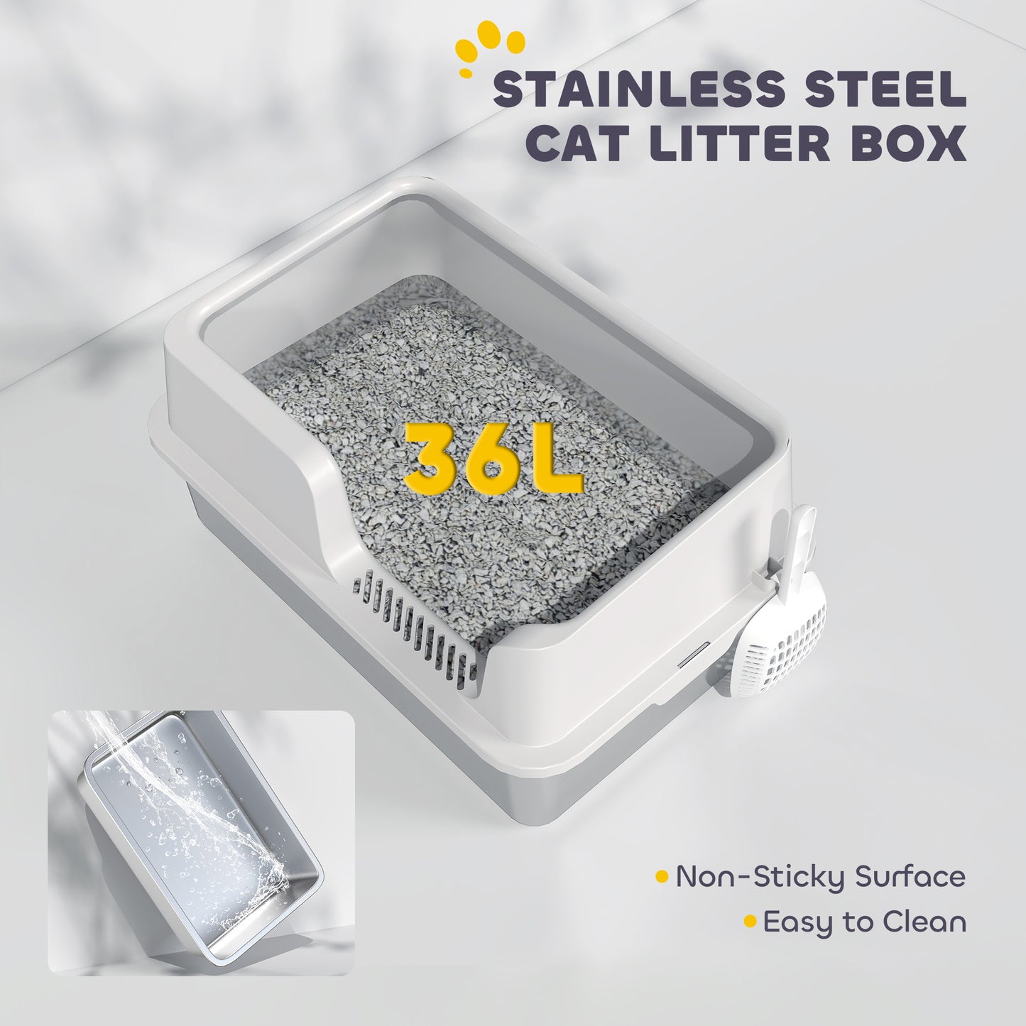 PawHut Stainless Steel High-Side Litter Box w/ Scoop – Light Gray