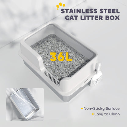 PawHut Stainless Steel High-Side Litter Box w/ Scoop – Light Gray