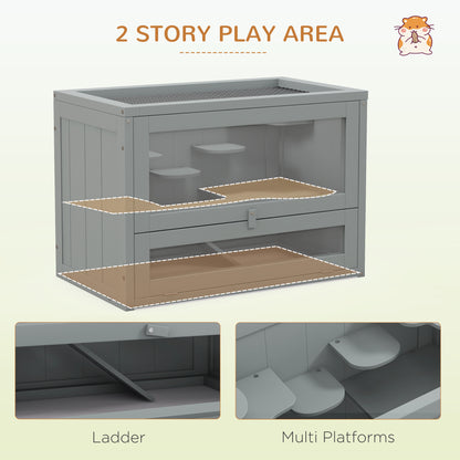 PawHut 2-Level Hamster Cage with Openable Top, Door, Shelf, Ladder, Gray
