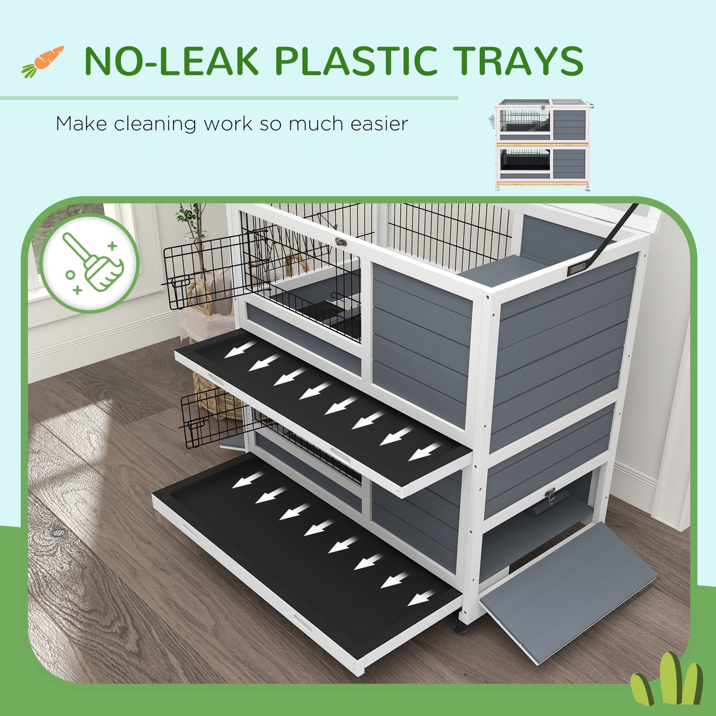 PawHut Gray 2-Story Rabbit Hutch—Wheeled, Feeder Included