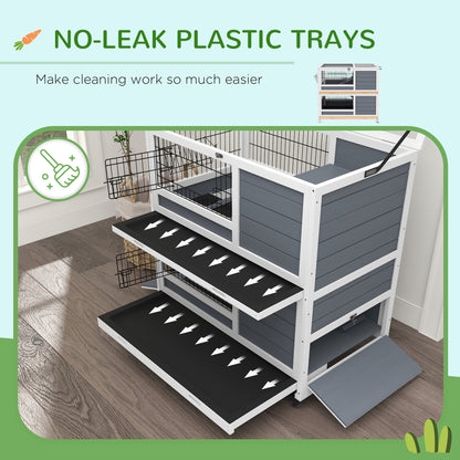PawHut Gray 2-Story Rabbit Hutch—Wheeled, Feeder Included